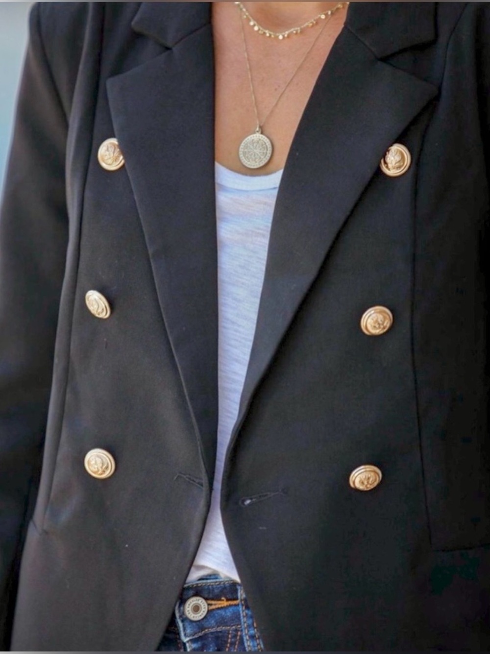 DO+BE Black Double Breasted Blazer | Gold Button | Tailored Fit | Size M